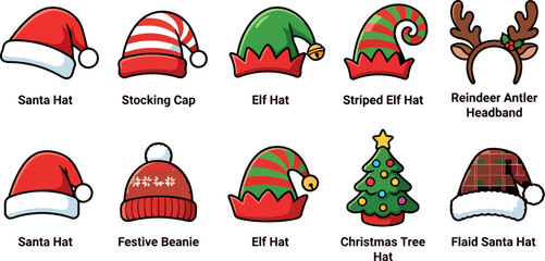 Set of christmas holiday hats and accessories, including santa hat, elf hat, reindeer antlers, festive beanie, and christmas tree hat ©  VectorCrazeStock
