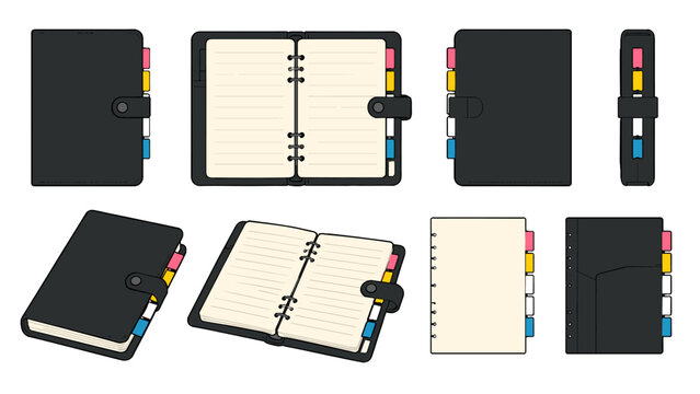 Black ring binder notebook organizer with colorful tab bookmarks