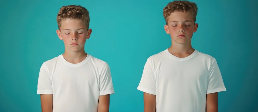 Two boys stand together smiling, wearing casual t-shirts.