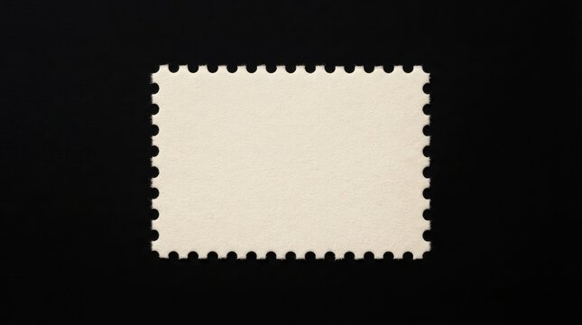 Blank postage stamp isolated on black background next to a wooden block
