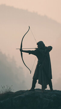 A silhouette of an archer wearing a hooded cloak stands on a rocky mountain cliff while aiming a traditional wooden bow at the horizon during sunset