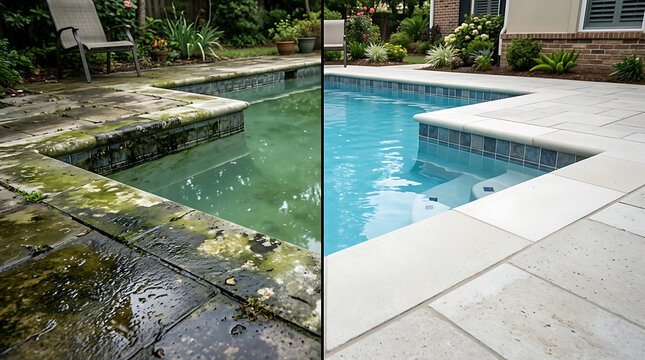Comparison of a neglected moss-covered swimming pool and a recently renovated sparkling clean pool in a backyard setting