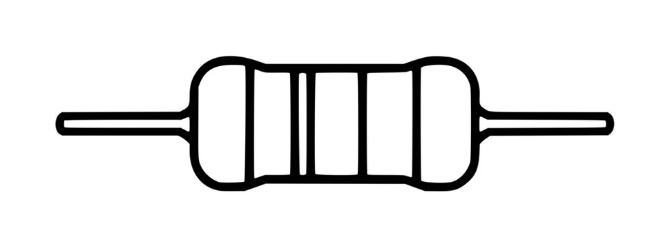 Hand drawn resistor vector icon, simple black outline illustration of an axial lead through hole electronic component with colored bands on a white background, minimalist line art style for technical