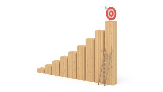 3D target symbol on wooden sticks bar graph with ladders, vertical layout, representing market growth, effort, profit, investment, and financial trends, isolated on white.