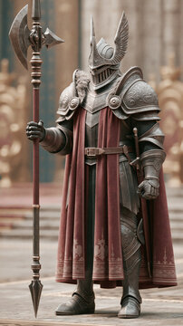 A noble warrior in full metallic armor stands guard while holding a long polearm weapon inside a grand stone hall during the day