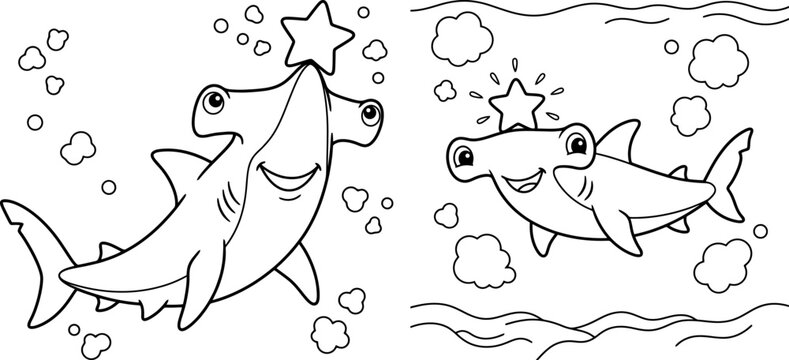 Cartoon Hammerhead Sharks Balancing On Stars Black And White Line Art