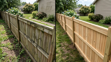 Fototapeta premium Comparison of Weathered and Newly Installed Wooden Fence in a Garden Landscape