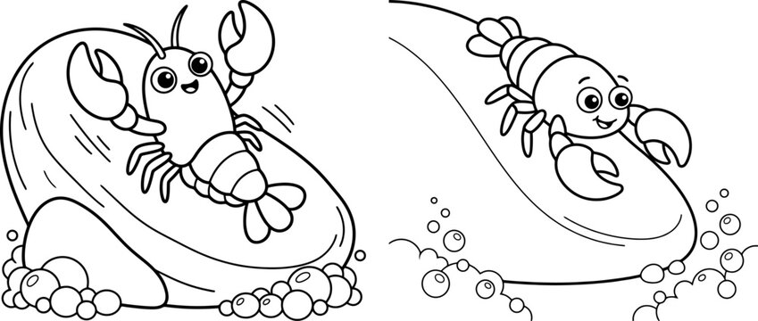 Cartoon Lobster Sliding On Sea Stone Black And White Line Art Illustration