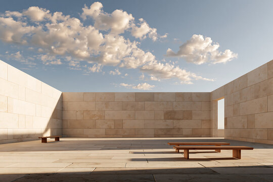 Minimalist courtyard with beige stone walls and wooden benches under a blue sky with clouds