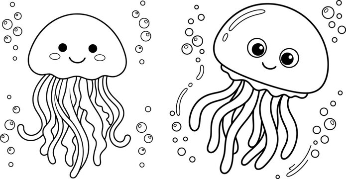 Cartoon Jellyfish Pair With Bubbles Black And White Vector Illustration