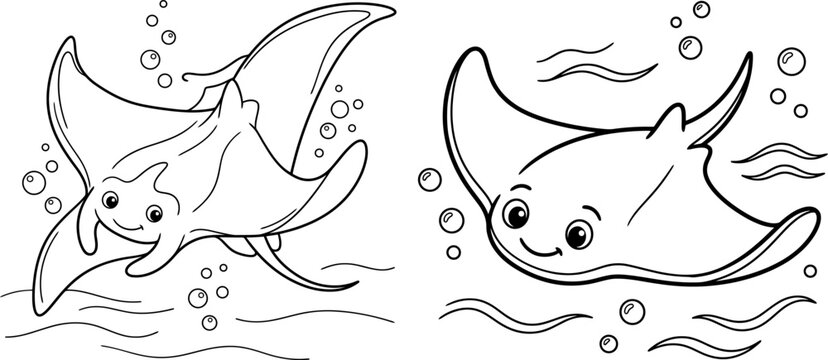 Cartoon Manta Ray Pair With Bubbles Black And White Line Art