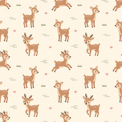 Naklejka premium Cute Deer Seamless Pattern Illustration with Running Jumping Fawn Character, Minimalist Kawaii Woodland Animal Background, Kids Nursery, Repeatable Wallpaper Design