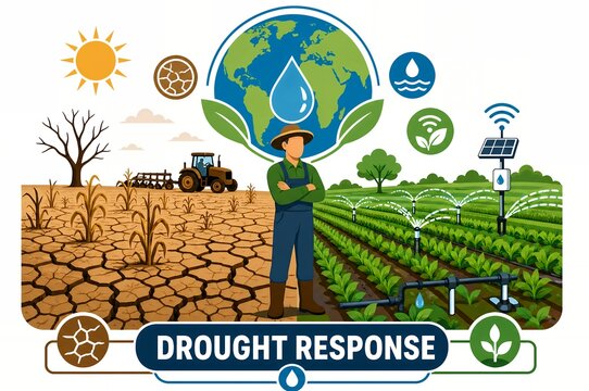 Drought response water scarcity smart irrigation versus dry cracked farmland comparison illustration