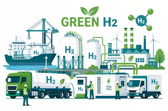 Green hydrogen energy infrastructure with fuel cell station tanker trucks and shipping illustration