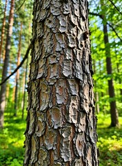 Fototapeta premium Close up view of pine tree trunk bark in forest. Textured wood surface shows natural pattern of old conifer plant in summer woods. Vertical outdoor shot with blurred green background, sun light beams