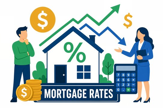 Mortgage rates fluctuation with house percentage symbol calculator and homebuyer illustration