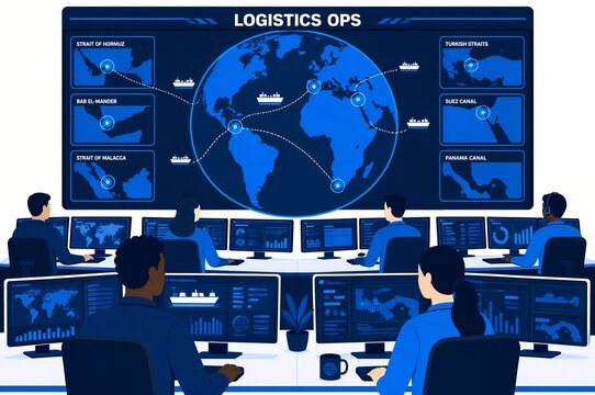 Logistics operations control room monitoring global shipping chokepoints and maritime trade routes illustration