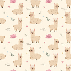 Obraz premium Cute Llama Alpaca Seamless Pattern Illustration with Fluffy Sitting Standing Character, Minimalist Kawaii Animal Background, Hearts Stars, Kids Nursery, Repeatable Wallpaper Design