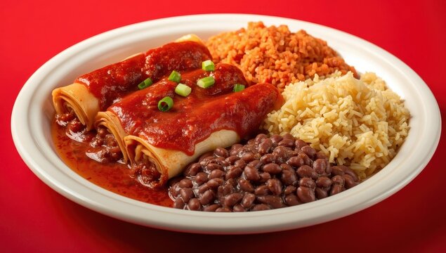 Beef enchiladas on a Mexican plate with Spanish rice and borracho beans, set against a red backdrop, topped with green scallions.