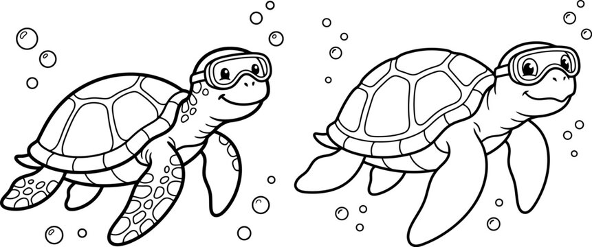 Two cartoon sea turtles wearing goggles black and white line drawing