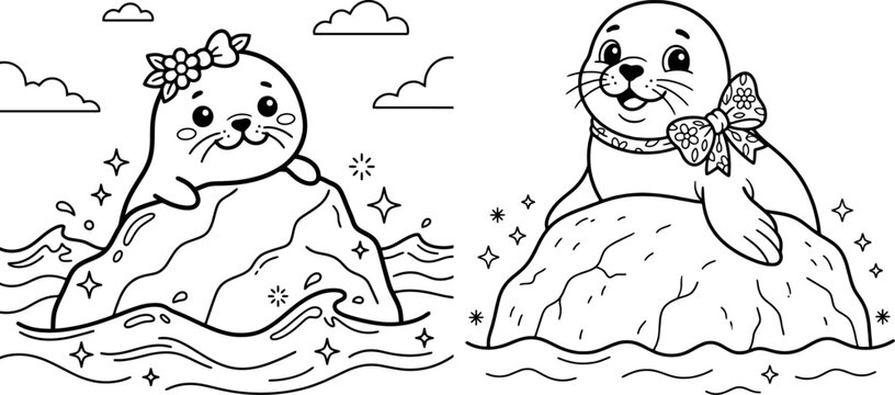 Cartoon seal pair peeking over rocks black and white line drawing