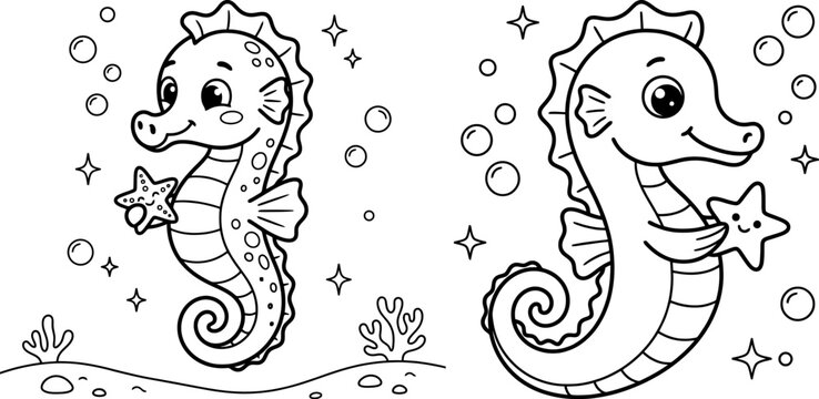 Cartoon seahorses holding sea stars black and white line drawing pair