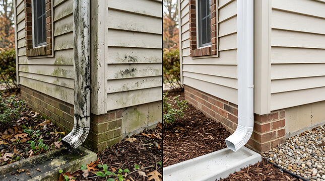 Comparison of House Exterior Cladding and Foundation Renovation Showing Before and After Cleaning and Painting