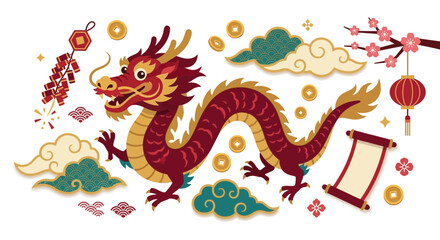 Fototapeta premium Chinese Dragon Festive Elements, Clouds, Firecrackers, Lantern, Scroll, Coins, Cherry Blossoms
