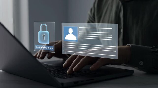 Protecting herself from cyber attacks. Documents confidentiality,cyber security protection concept. Software for security, searching and managing corporate document and employee information.	
