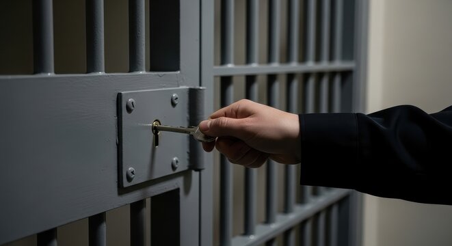 Close-up of a Prison Guard's Hand Inserting a Key into the Lock of a Heavy Steel Jail Cell Door