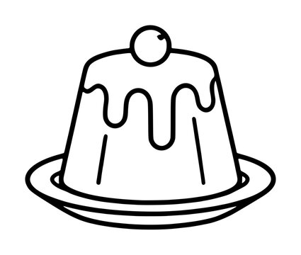 Hand-traced vector icon of a classic pudding dessert with dripping sauce, topped with a cherry, served on a plate in minimalist line art style