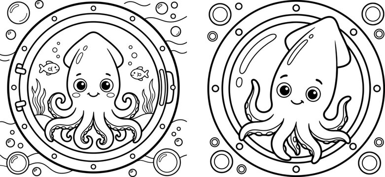 Cartoon Squid In Submarine Window Black And White Line Art Illustration Pair