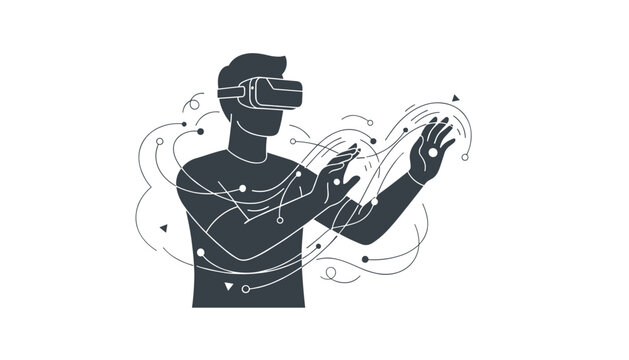 High tech illustration of a man wearing virtual reality headset with dynamic data lines swirling around him.