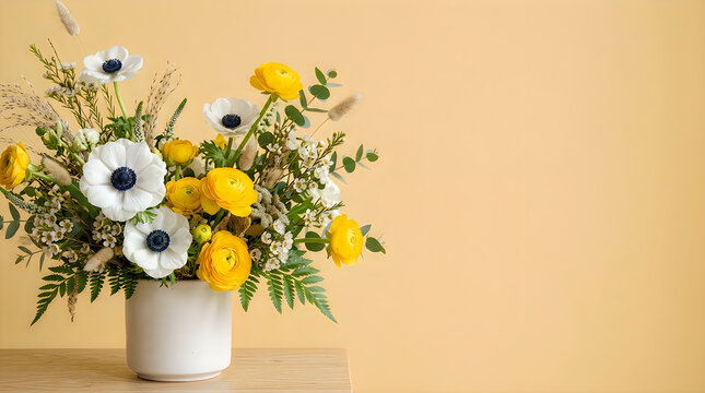 Beautiful bouquet of white anemones and yellow flowers in a ceramic vase against a beige background
