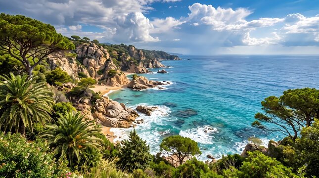 Mediterranean rocky coastline. Crystal clear turquoise sea. Scenic coastal cliffs. Travel destination photography