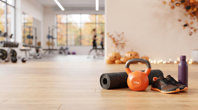Kettlebell and yoga mat with sport shoe and water bottle in decorated gym for Halloween. Equipment for strength training and workout session during autumn holiday fitness event