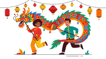 Naklejka premium Children Dancing With Colorful Dragon On Festival Lanterns Background