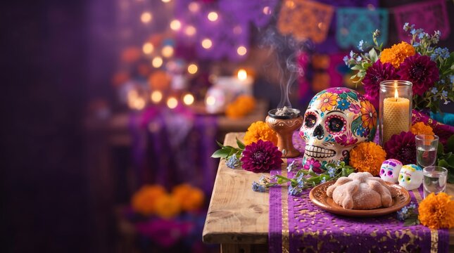 Decorated skull and traditional bread on altar for Dia de los Muertos. Festive table with candles, marigold flowers and incense for Mexican celebration of ancestors and soul memory