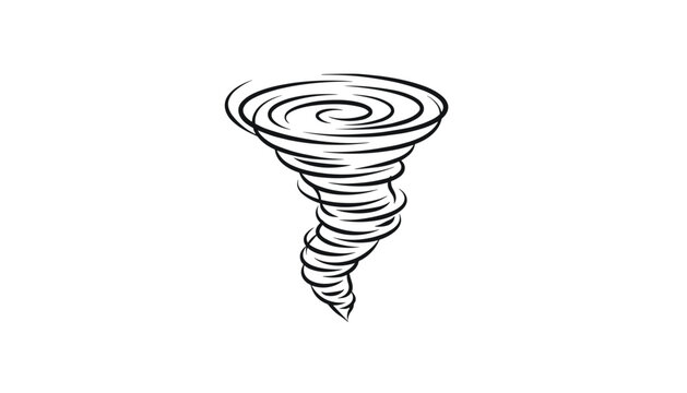 Powerful tornado drawing in black and white line art depicting a destructive whirlwind storm on a white background.
