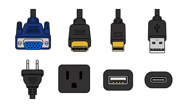 Set of cable connectors and power socket vector icons