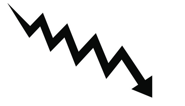 Bold black zigzag arrow pointing downwards representing a decline crisis drop or loss in a simple graphic design.