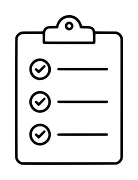 Hand-drawn black vector illustration of a clipboard checklist with three completed checkmarks and text lines, simple line art icon design for task management and productivity