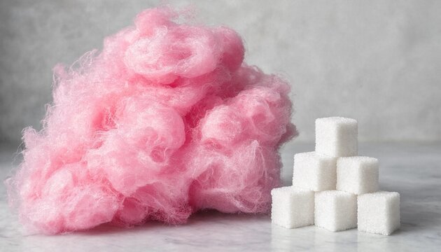 Fluffy cloud of pink cotton candy served with a measured pile of white sugar cubes beside it representing the exact fifteen to twenty five grams of sugar in a single serving