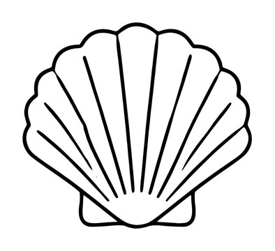 Hand-traced black vector illustration of an open scallop seashell with radiating ridges and scalloped edges, simple outline icon design on white background for marine and beach themes
