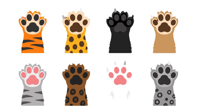Collection of different cat paws with claws in flat vector style
