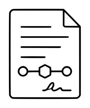 Hand-drawn black line vector icon of a smart contract document with blockchain node diagram and handwritten signature on white background, minimalist outline illustration