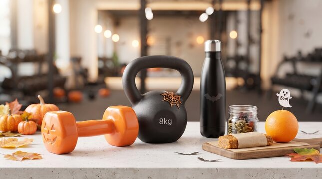 Kettlebell and dumbbell with Halloween decor in gym. Seasonal sports equipment for festive workout. Concept of healthy holiday lifestyle with pumpkin and bat imagery for autumn