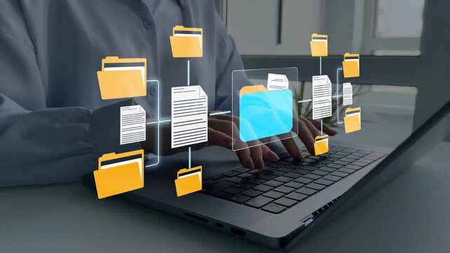 Digital document management system with organized files, secure storage and workflow automation. Business data organization, cloud archive, enterprise records and office productivity concept.	
