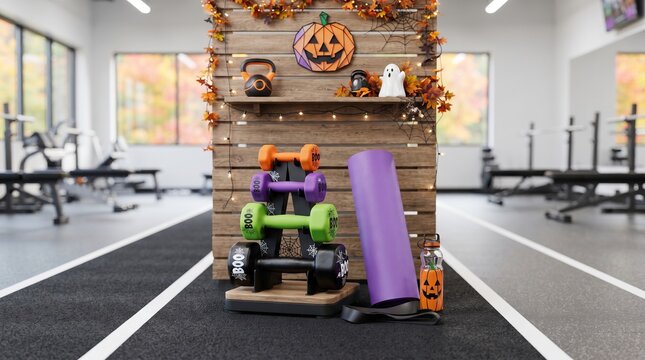 Halloween gym decor with dumbbells and yoga mat stored on wooden rack. Festive fitness equipment decoration in sports center. Seasonal holiday workout concept for active celebration