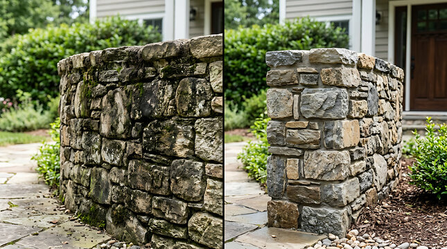 Comparative view of an old weathered stone wall and a modern stone pillar showcasing different masonry styles in an outdoor